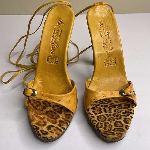 LUCIANO ROSSI Platform Heels Genuine Ostrich Laces Up Ankle Square Size 9 - Picture 2 of 12